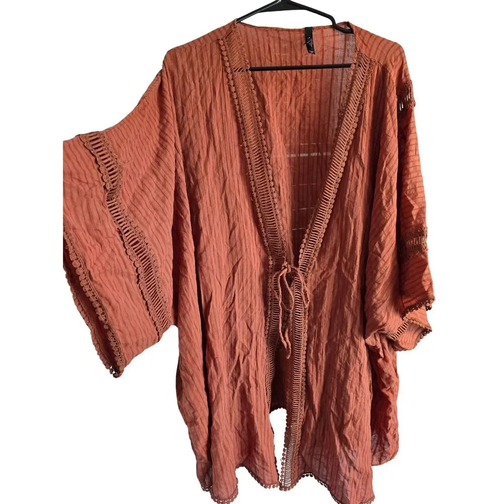 Torrid Rust Terracotta Crochet Lace Trim Kimono Cover Up Size 5/6 Plus Size